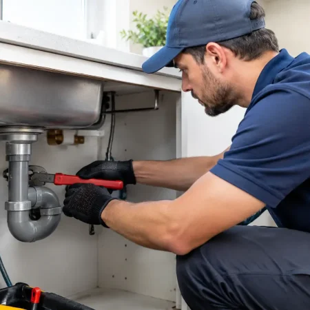 Plumber repairing kitchen sink pipes in Dubai